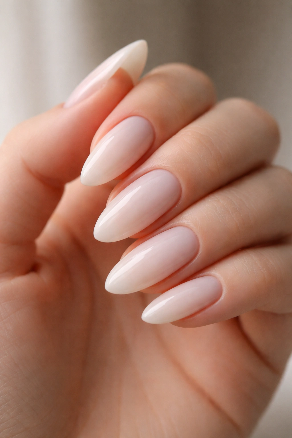 Close-up of milky white almond nails with translucent cream finish on a hand