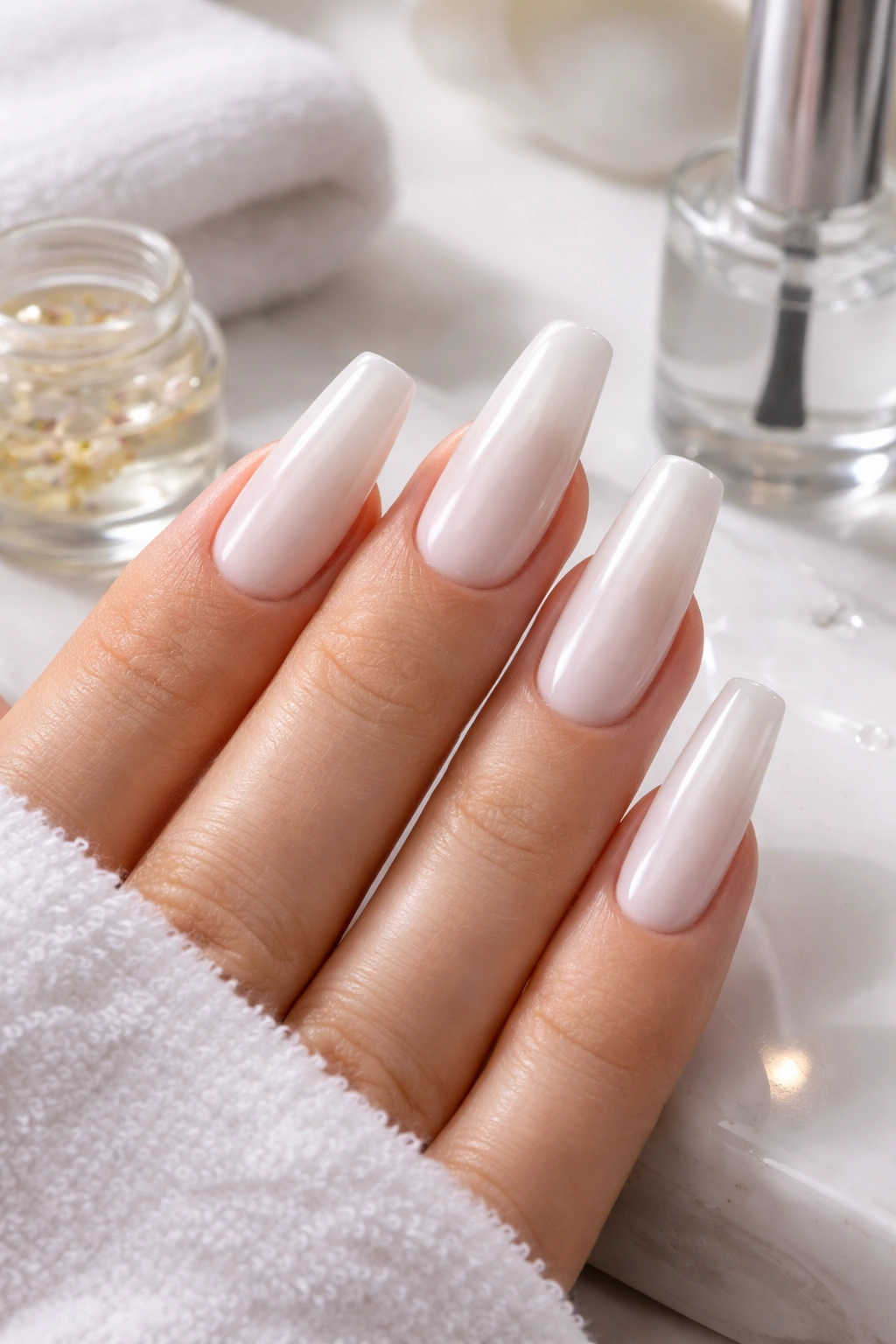 Milky white coffin nails with high-gloss finish on a clean surface
