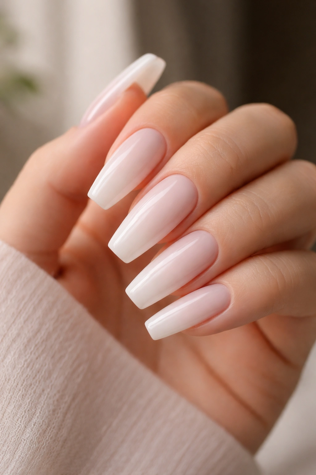 Close-up of milky white coffin nails with soft edges and pink-beige undertones