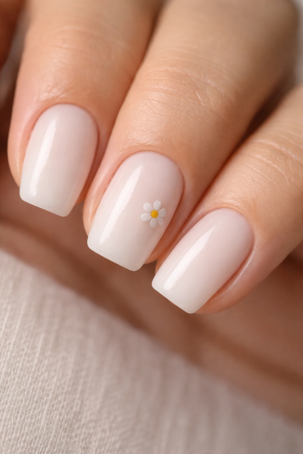 Milky white nail with a tiny off-center daisy accent