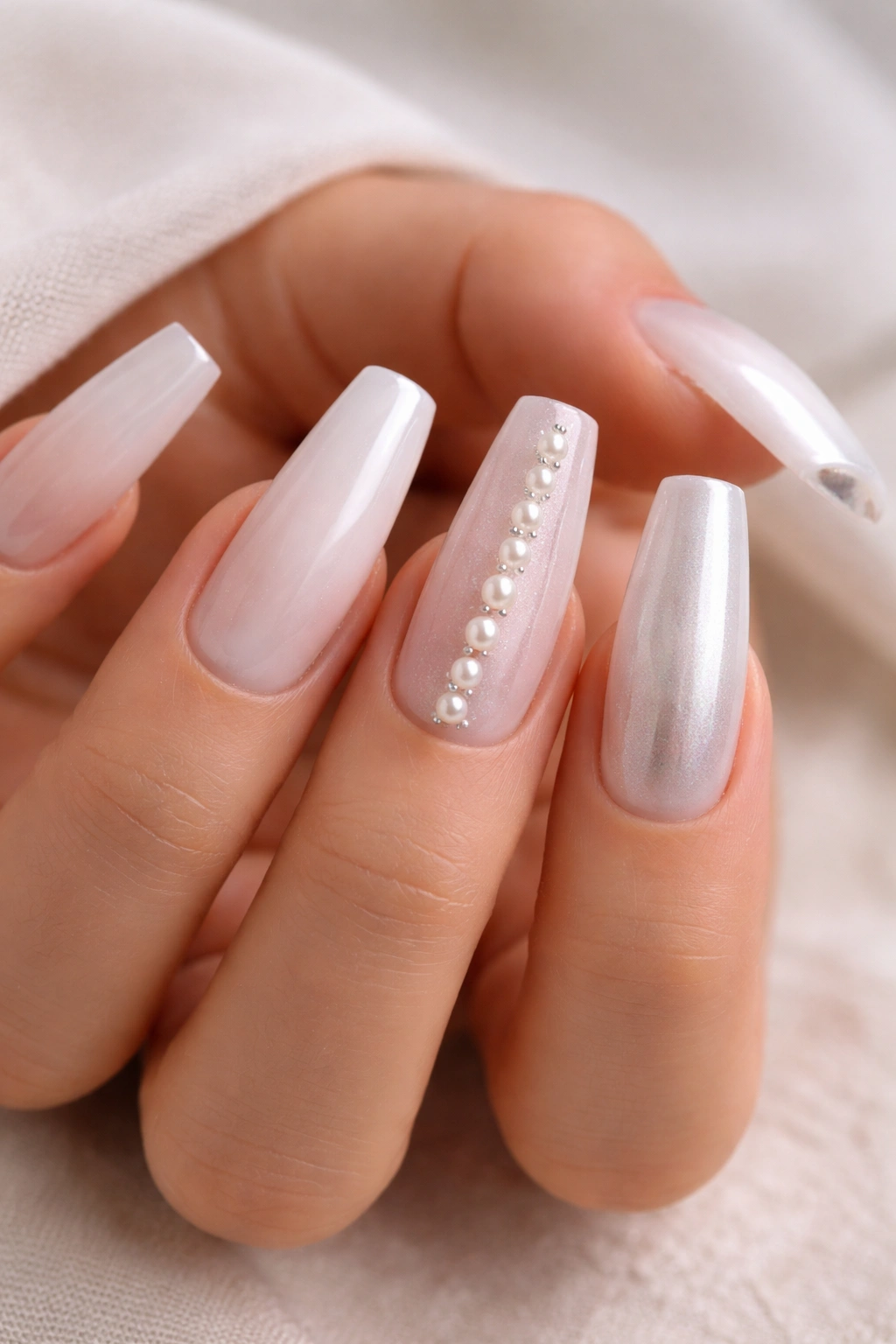 Milky white translucent coffin nails with pearl accents and chrome detail on an accent nail