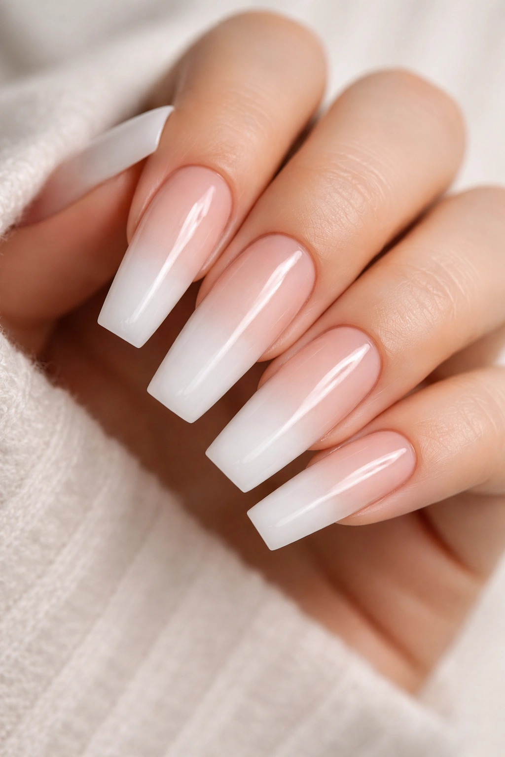 Ombre milky white coffin nails with clouded tip