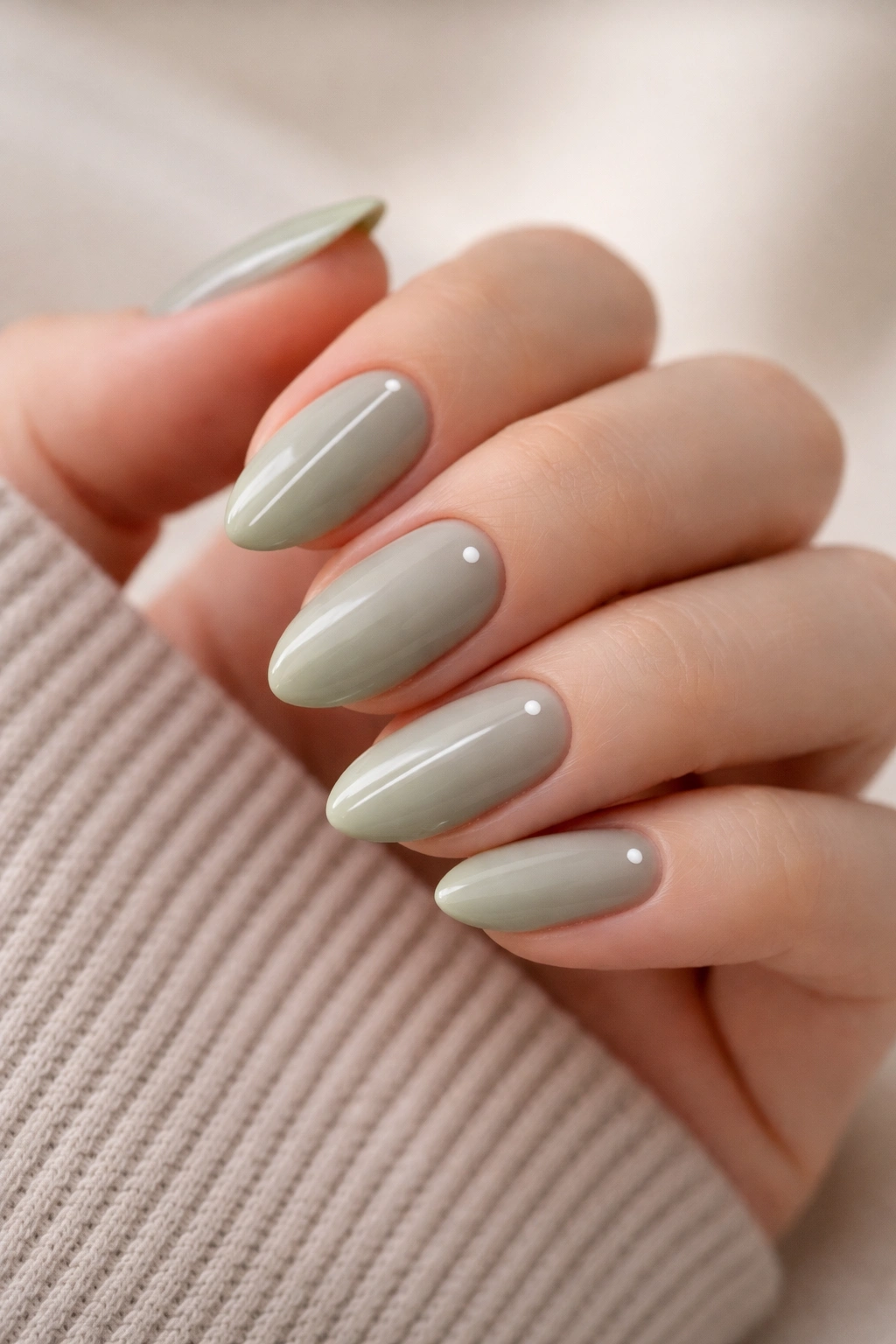 Sage green almond nails with a tiny white dot or a thin white pinstripe near the cuticle