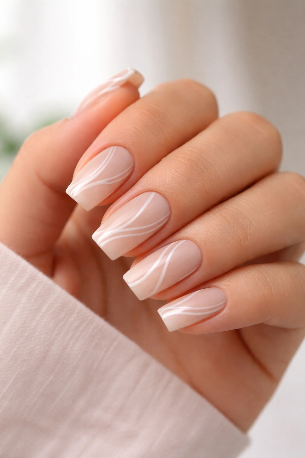 Short coffin nails with thin diagonal swirl art and negative space