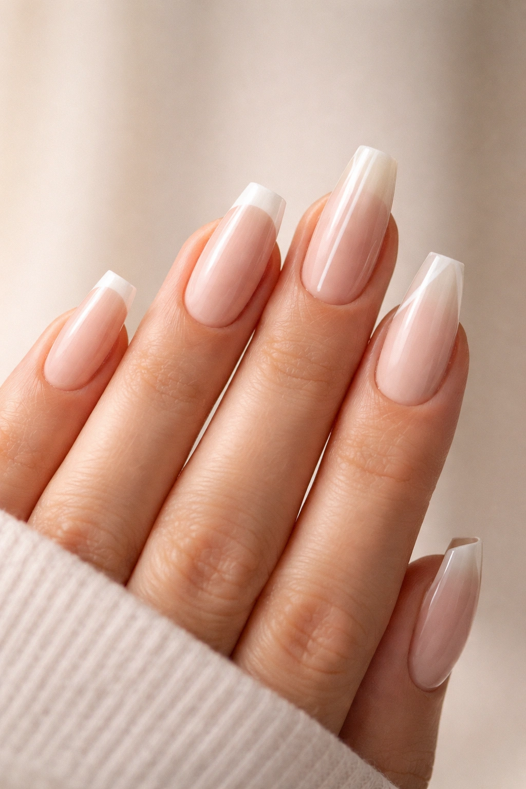 Hand showing multiple minimalist coffin nail styles to fit different hands.