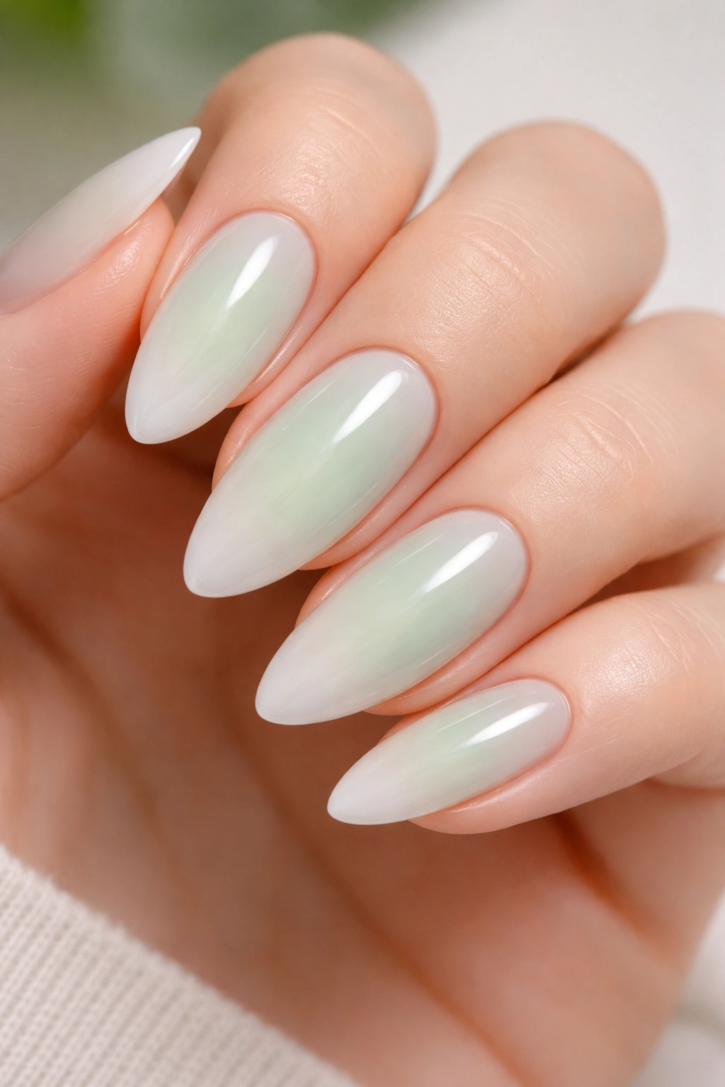 Close-up almond nail with pale mint center fading to ivory edge and soft halo.