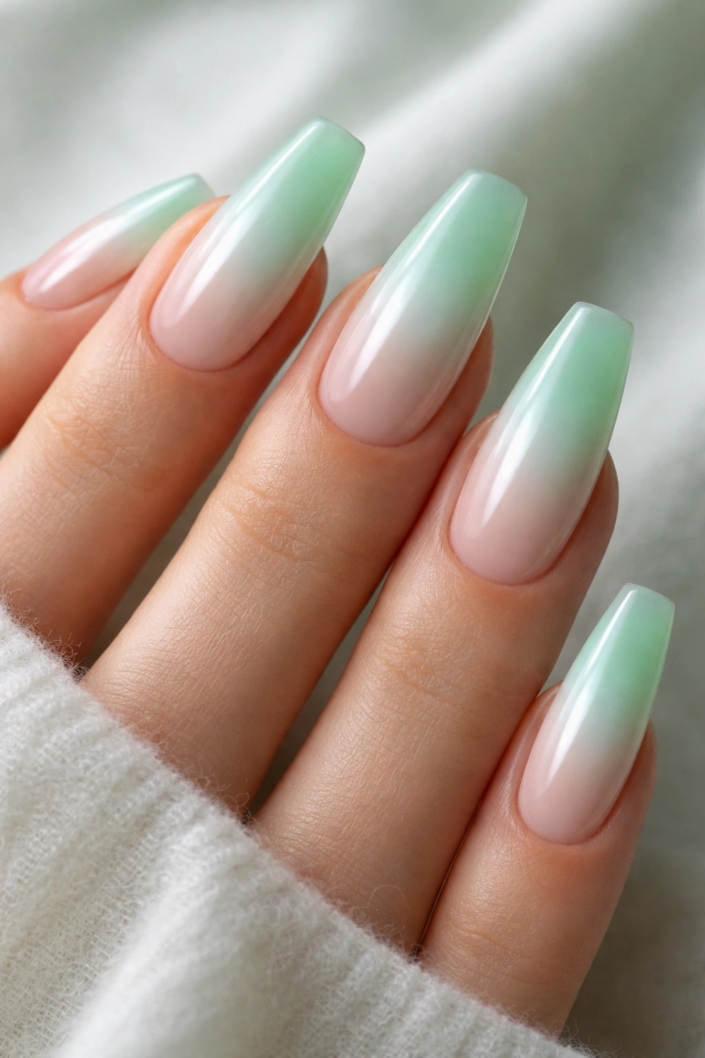 Close-up of coffin nails with a soft mint aura centered on a milky base
