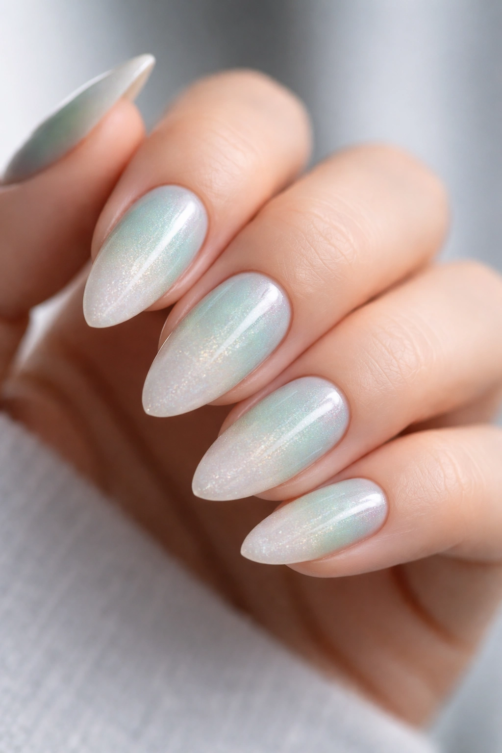 Almond nails mint to pearl mist gradient with pearl shimmer