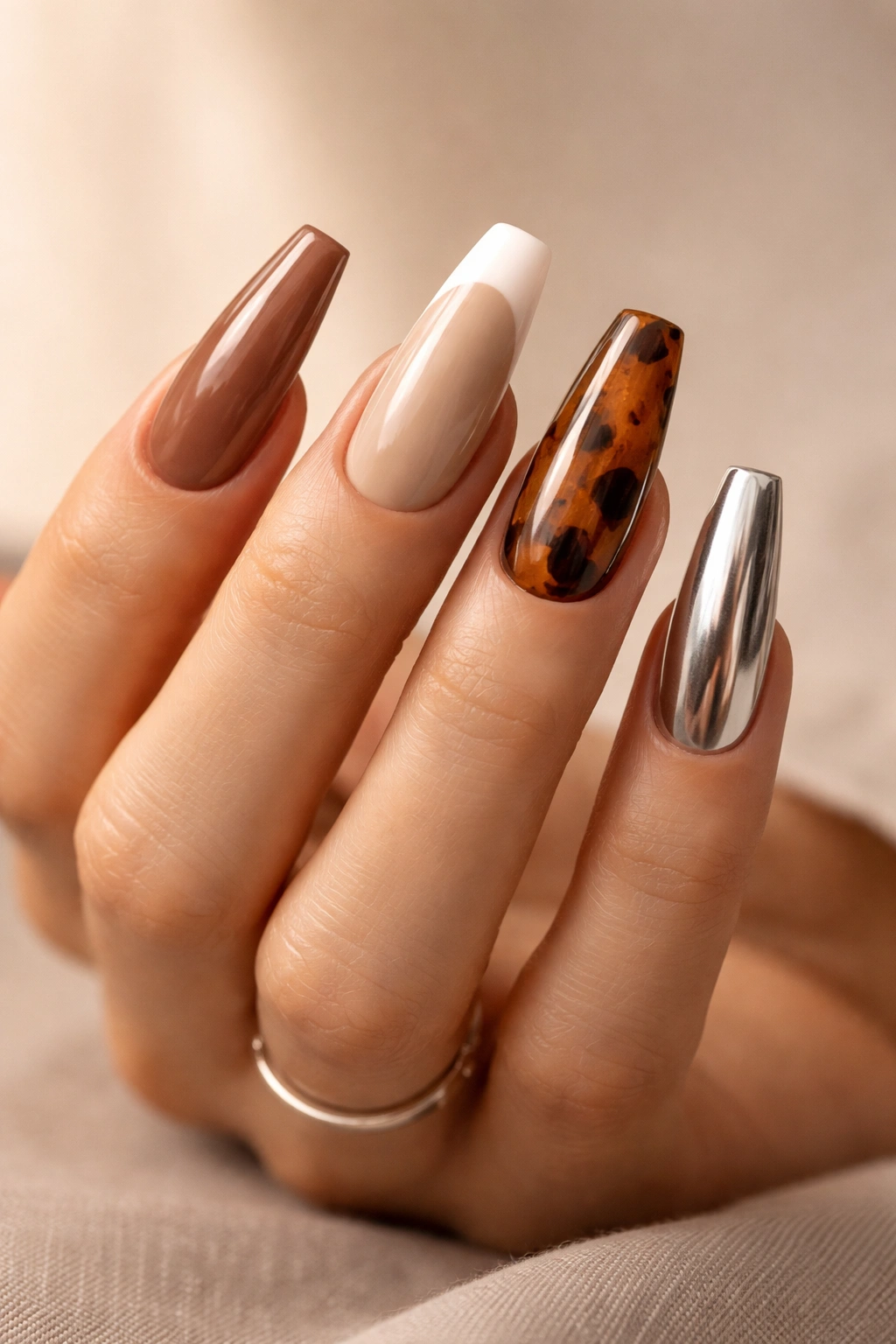 Close-up of mismatched mocha coffin nails with mixed finishes