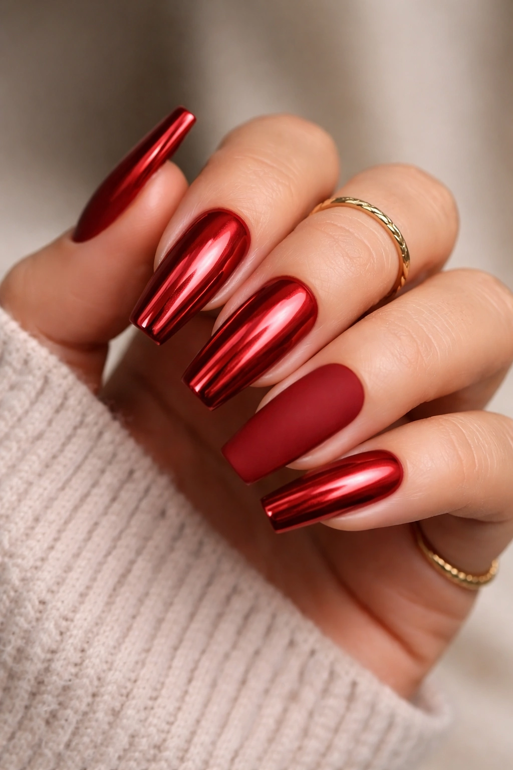 Nails with mixed red chrome and matte finishes