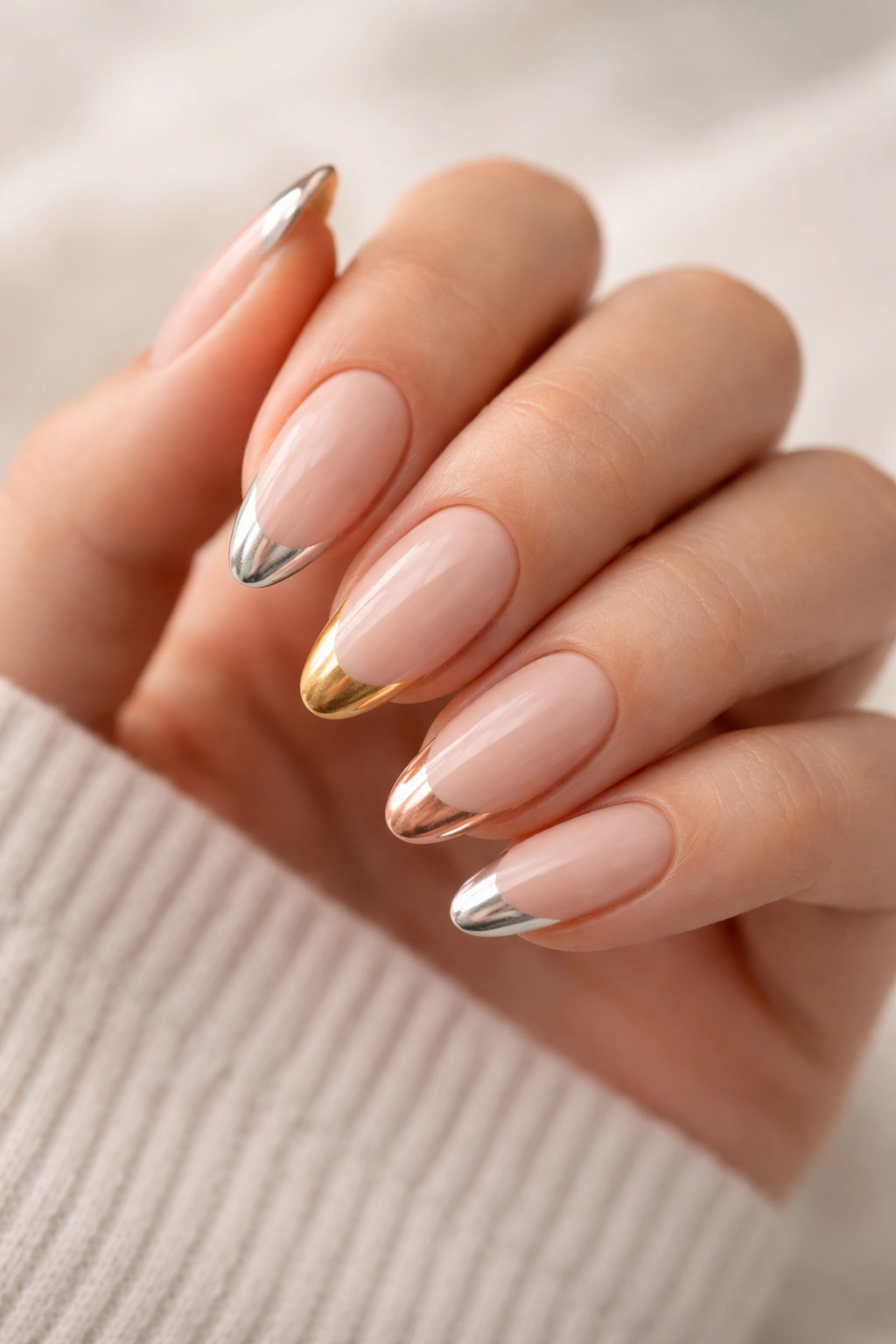 Close-up of almond nails with alternating silver, gold, and rose-gold French tips on a nude base