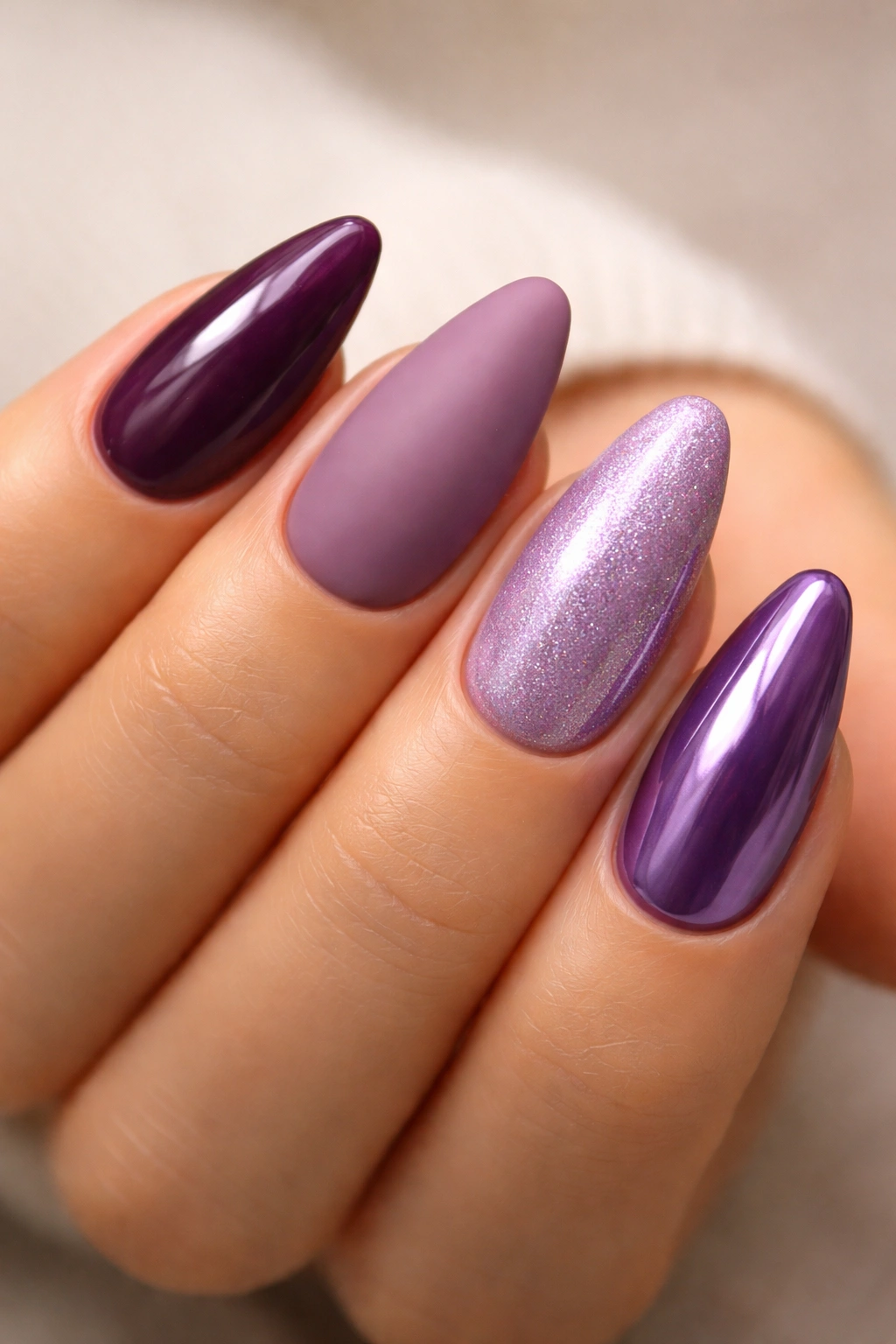 Close-up of almond nails showing four purple finishes: glossy plum, matte mauve, shimmering lilac, chrome violet