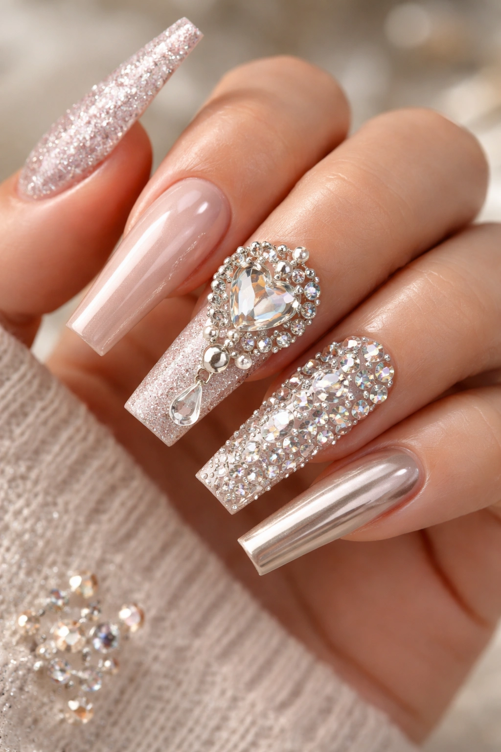 Mixed-texture bling coffin nails with charms crystals and 3D accents