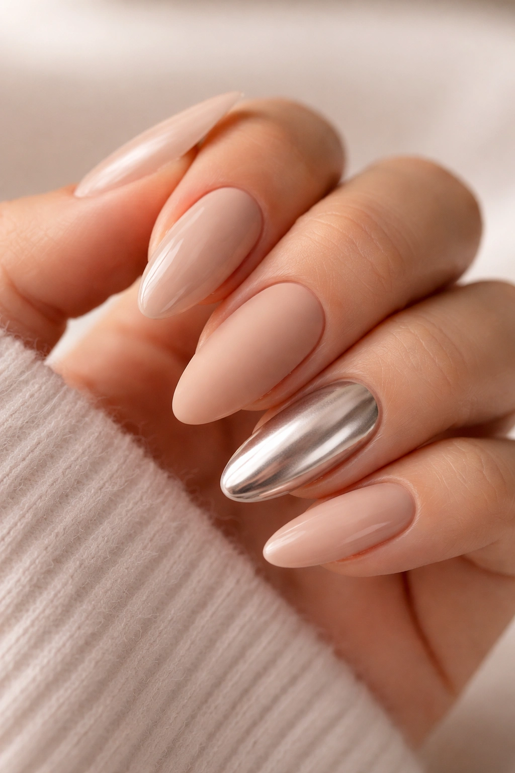 Almond manicure with mixed textures: glossy nude, matte nude, chrome accent