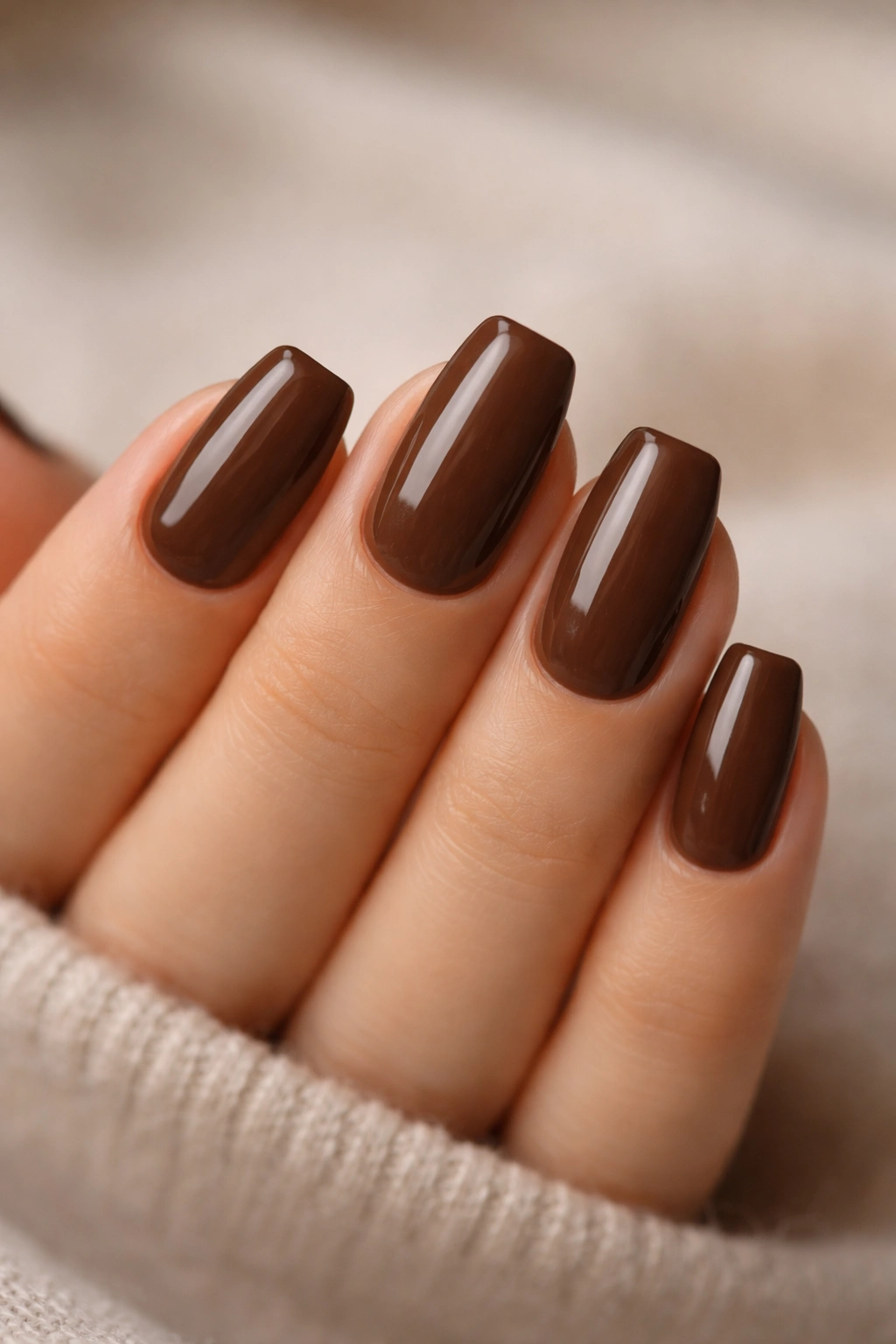 Close-up of mocha brown short coffin nails with glossy finish and defined edges.