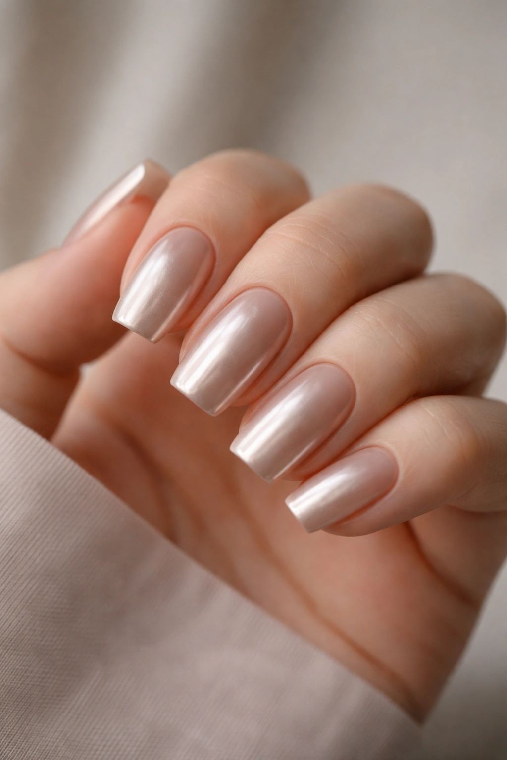 Mocha nude short coffin nails with pearl chrome finish.