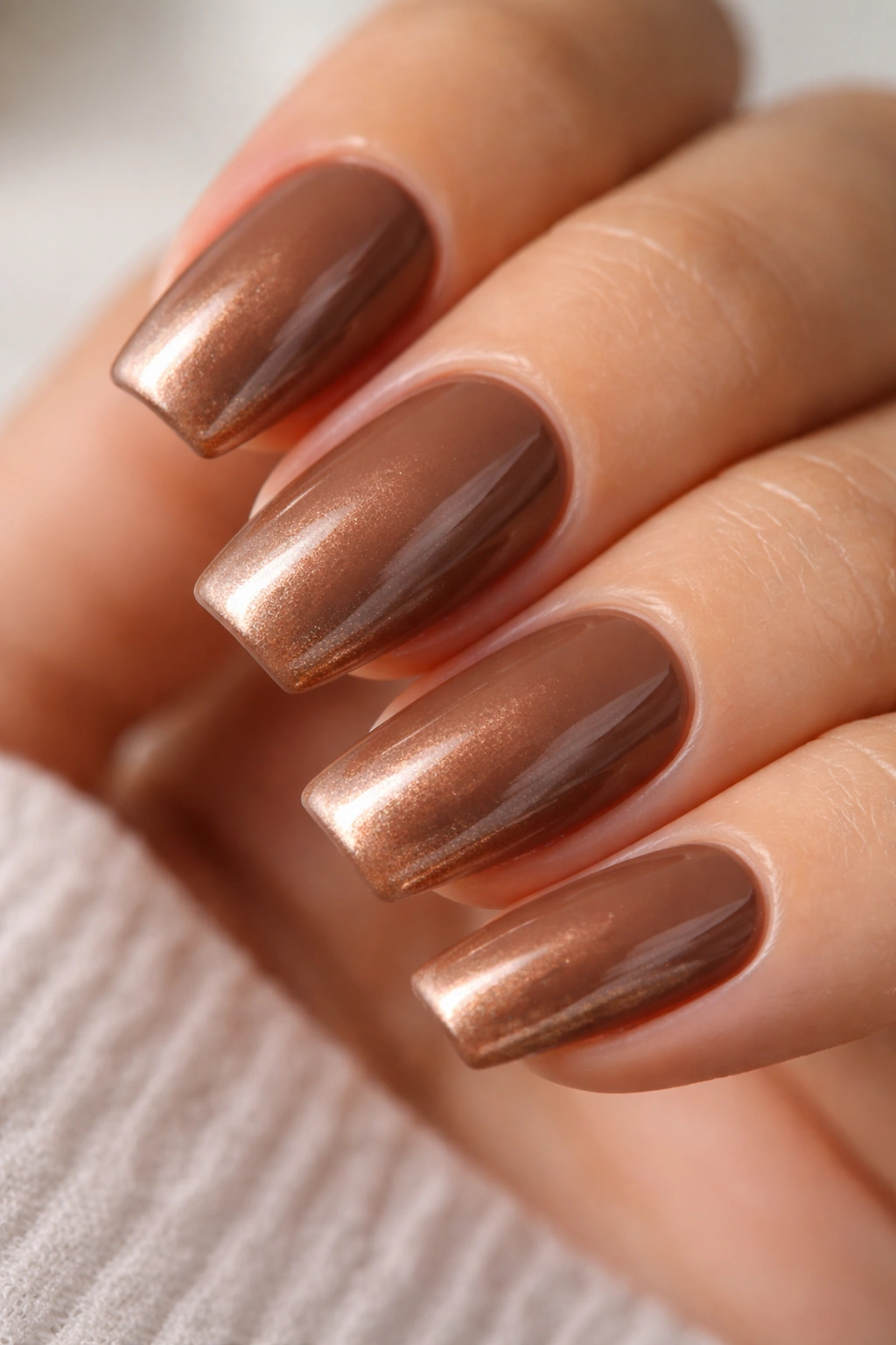 Close-up of short coffin nails in mocha glaze with bronze-pearlescent edge