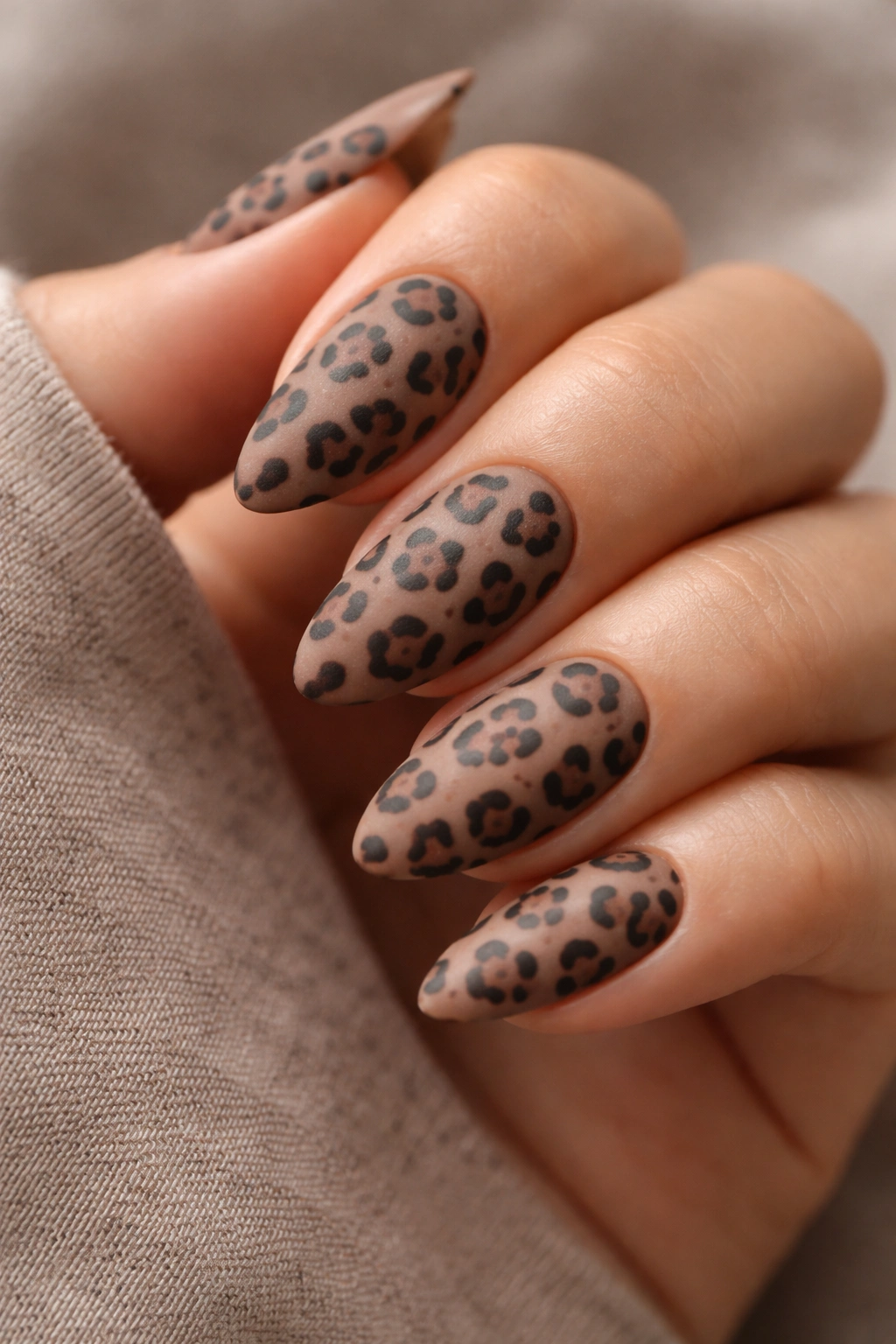 Matte mocha leopard on almond nails with hand-drawn spots