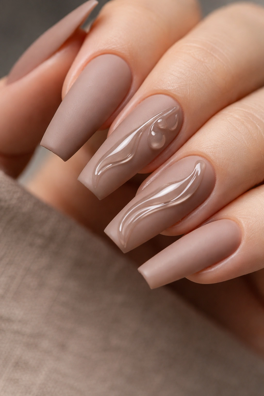 Coffin nails in soft mocha matte with glossy 3D gel accents