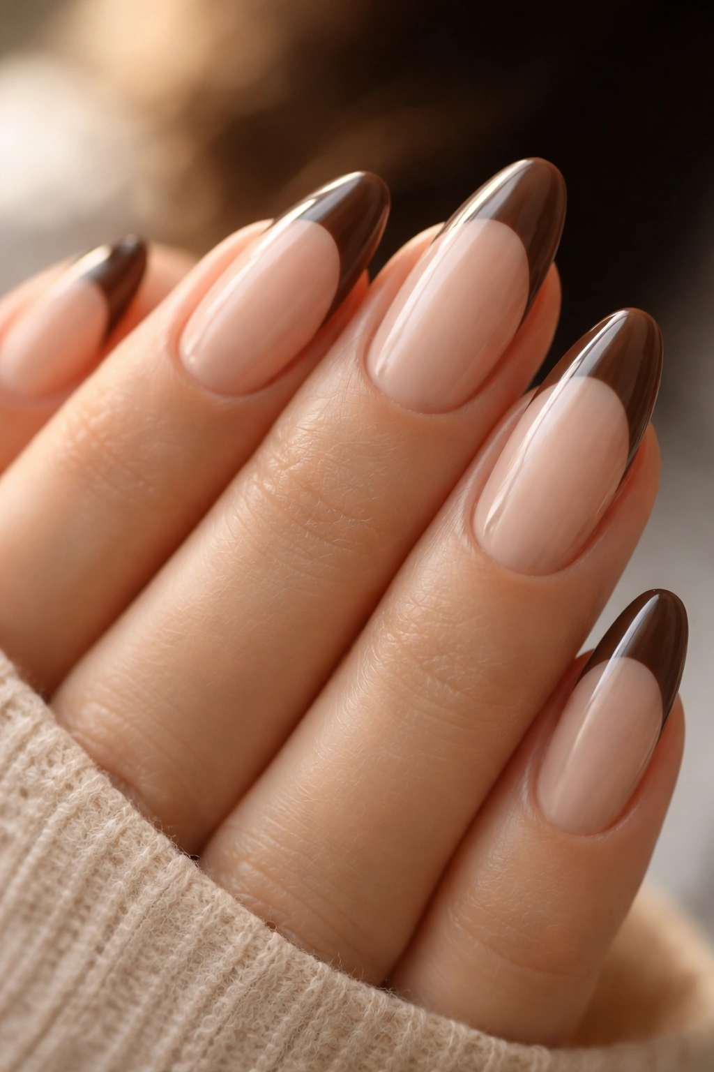 Almond nails with mocha French tip close-up