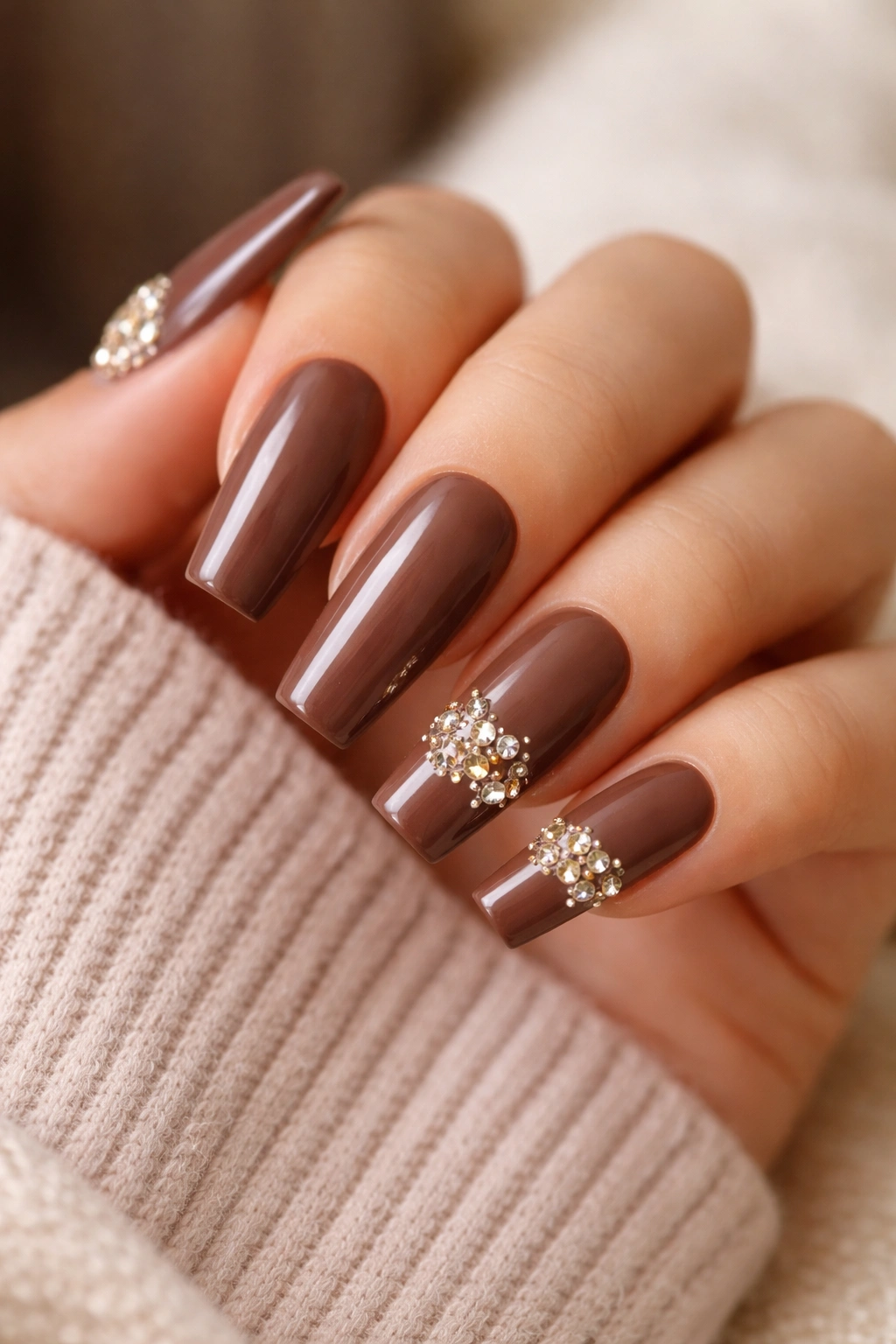 Mocha coffin nails with champagne gem clusters on the lower third