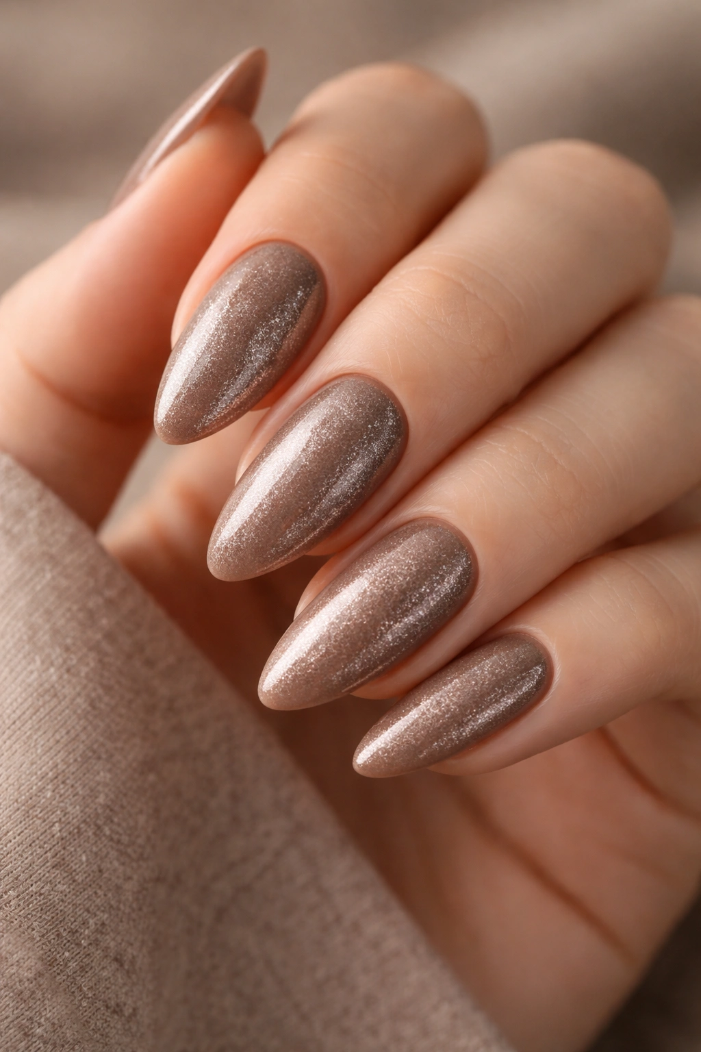 Close-up of mocha shimmer almond nails with brown base and taupe sparkle