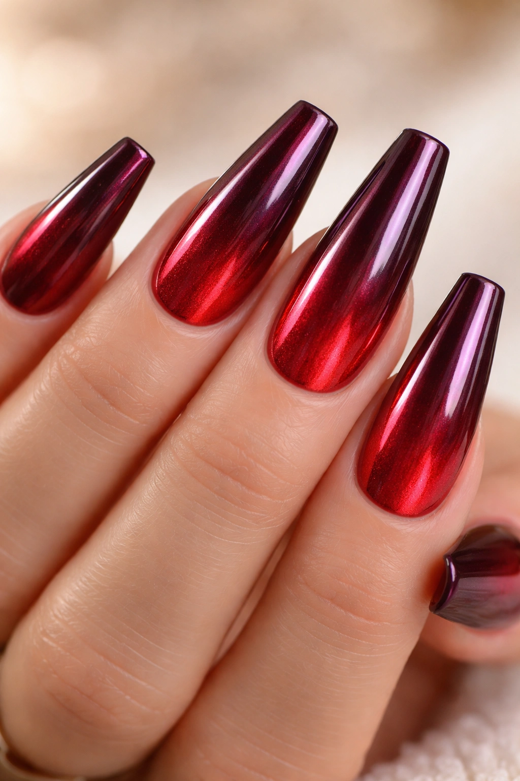 Coffin nails with molten ruby ombre fade and chrome finish