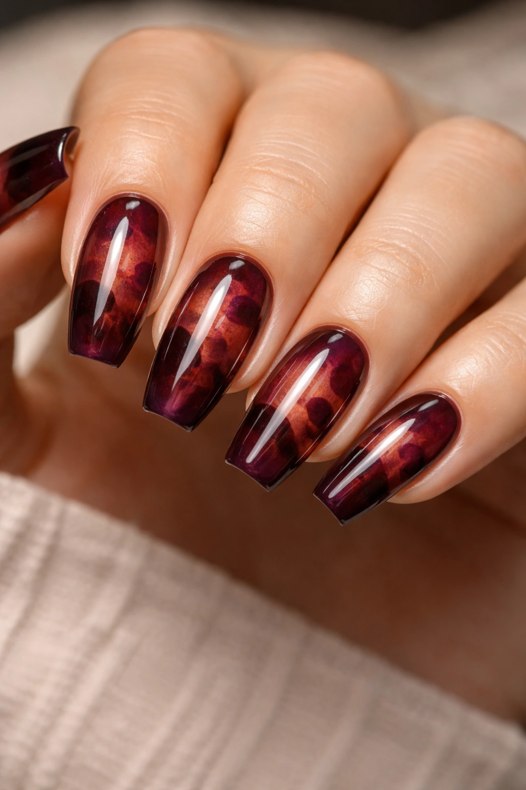 Close-up of mulberry tortoiseshell coffin nails with a glossy finish