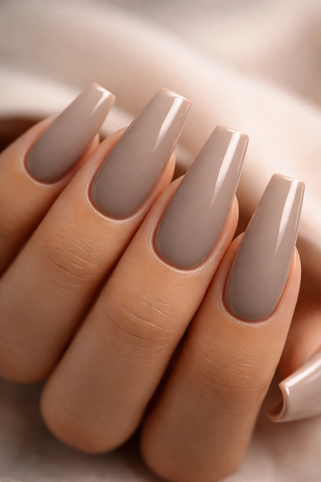 Mushroom nude coffin nails with a matte finish and a glossy edge accent