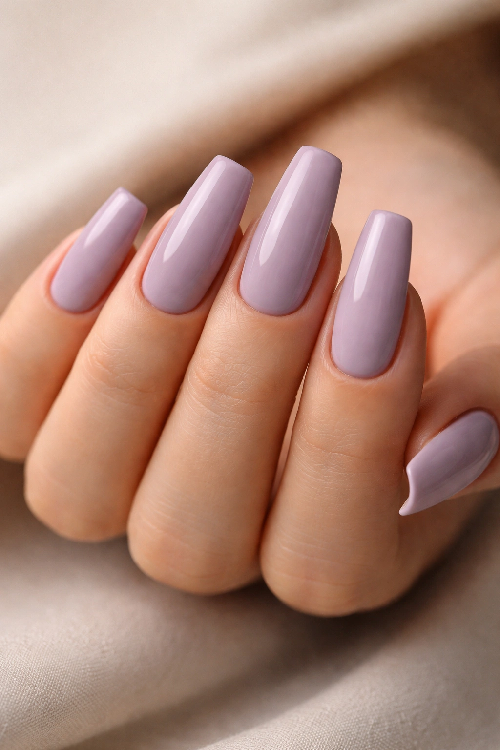 Close-up of muted lilac coffin nails with a dusty glossy finish on a neutral background