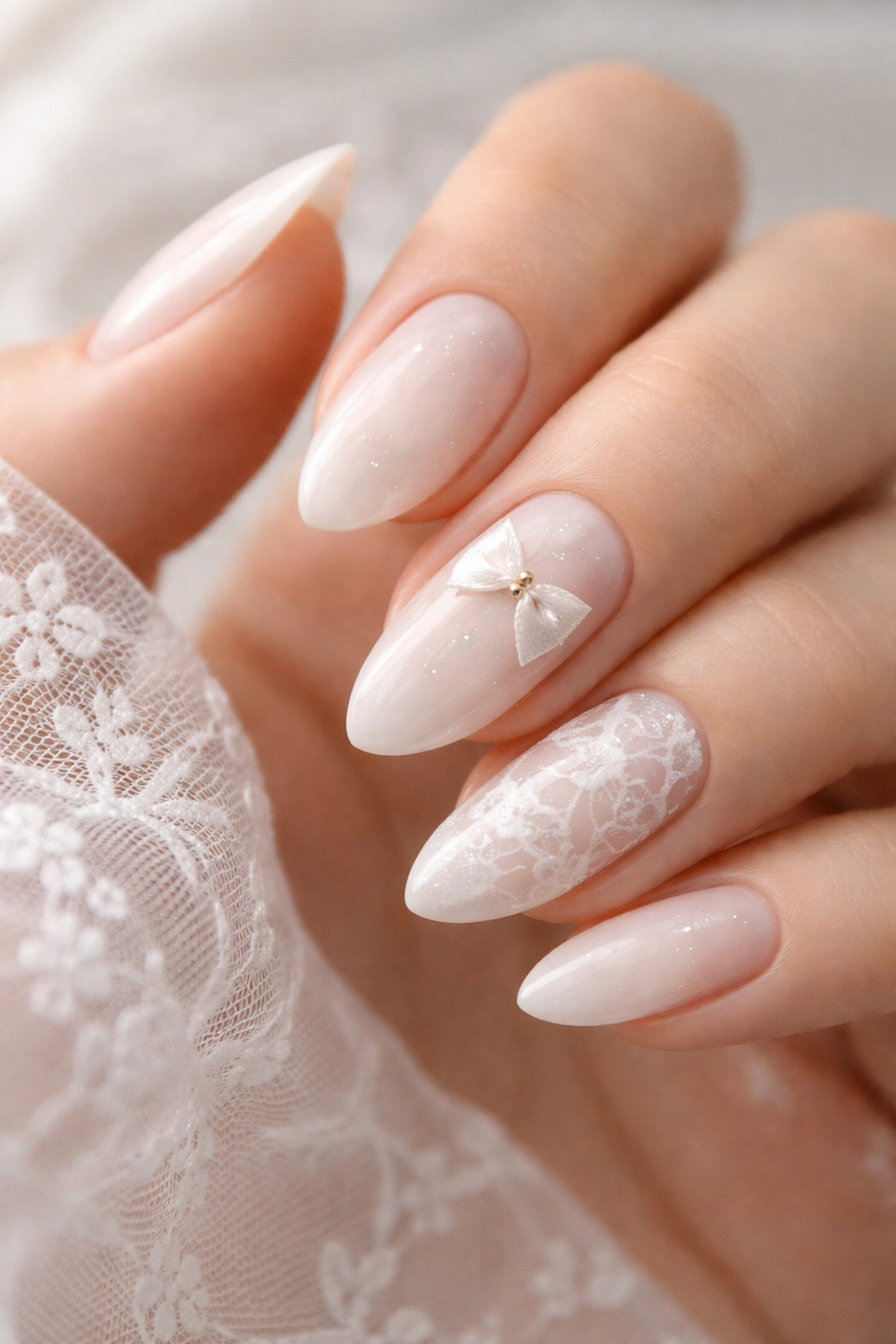 Close-up of almond nails with soft white lace and a floating bow on an accent nail; milky sheer base and refined detail.