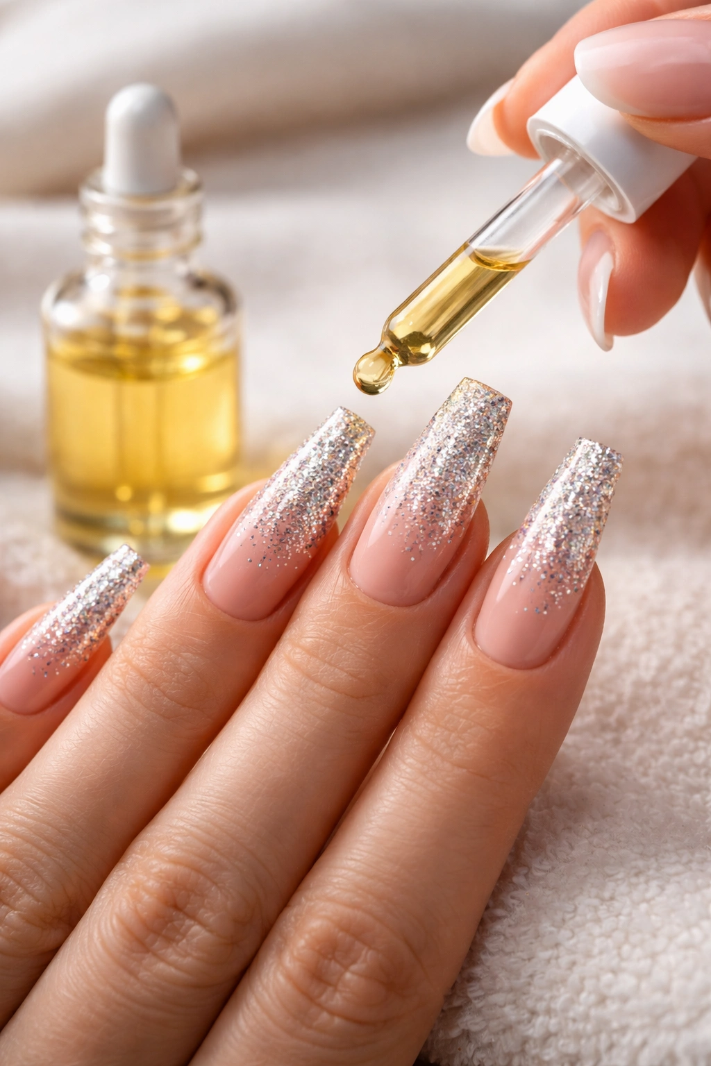 Close-up of glitter coffin nails with cuticle oil being applied to maintain brightness between fills