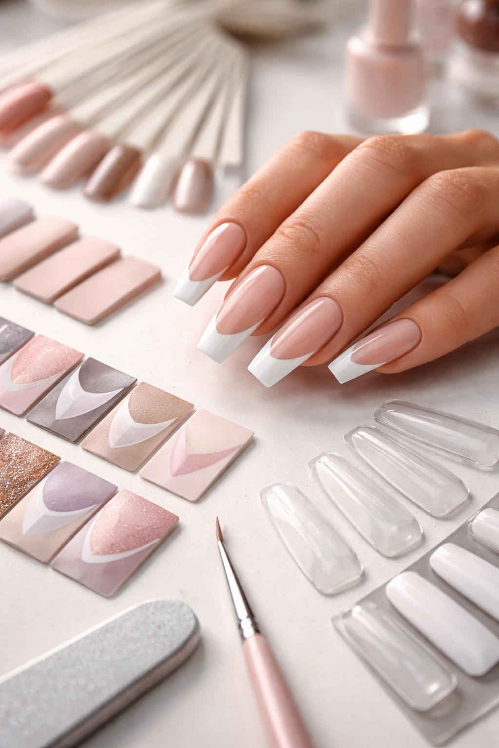 Close-up of coffin nails beside color swatches suggesting a nail tech consultation.