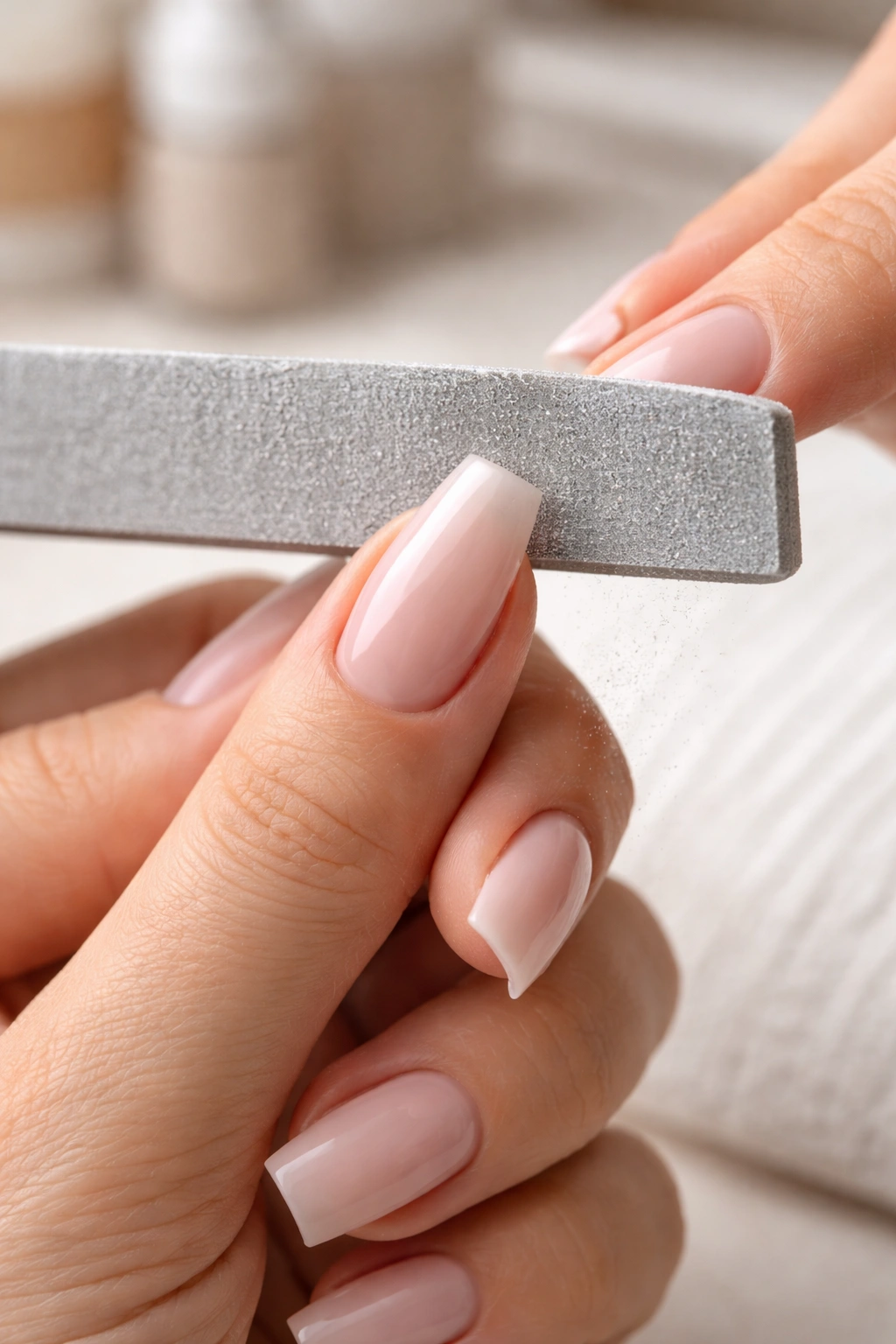 Hand filing coffin nails to maintain straight sidewalls and flat tips
