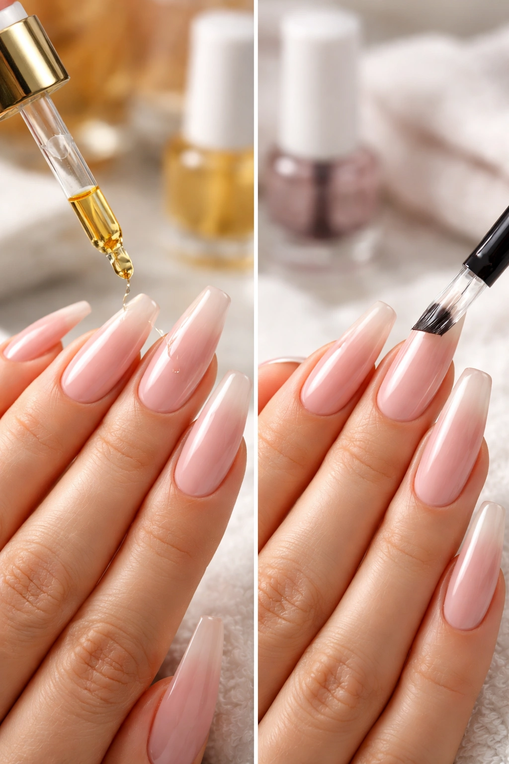 Hand applying cuticle oil to coffin nails with top coat visible