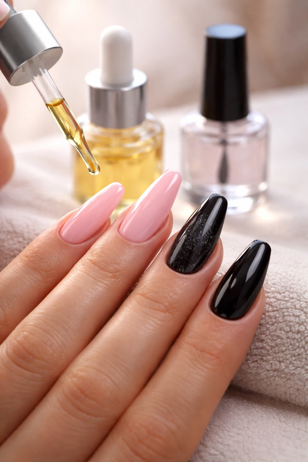 Hand applying cuticle oil to pink and dark coffin nails for longevity.