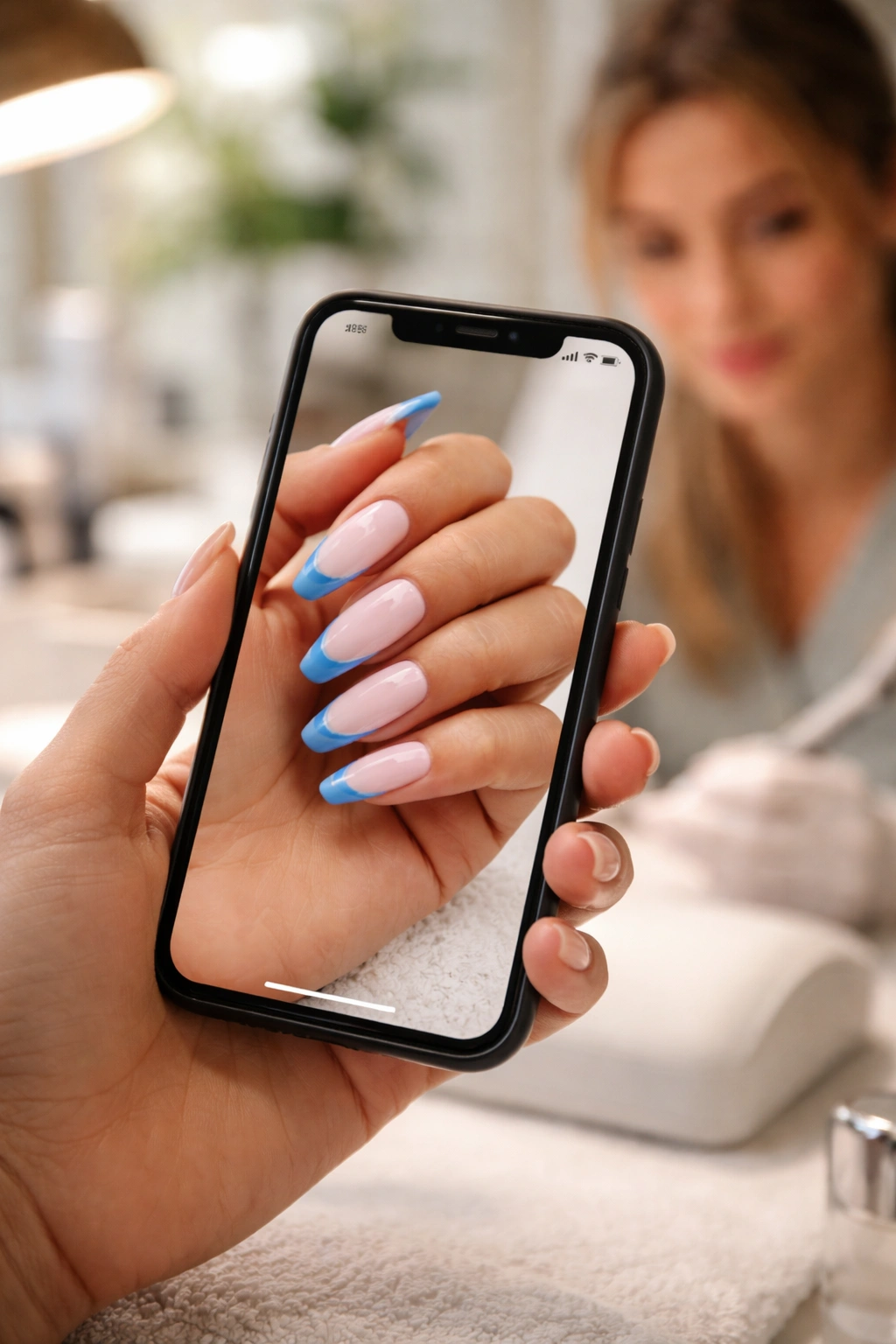 Hand holding smartphone showing a nail design photo as a reference for a nail tech.
