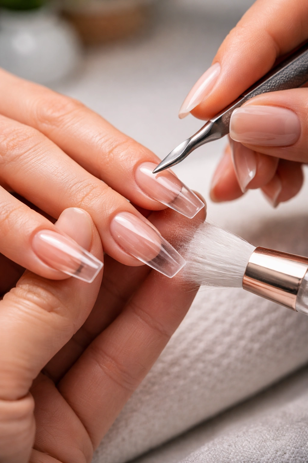 Close-up of nail prep on coffin nails showing clean cuticle, dust removal, and smooth undersides