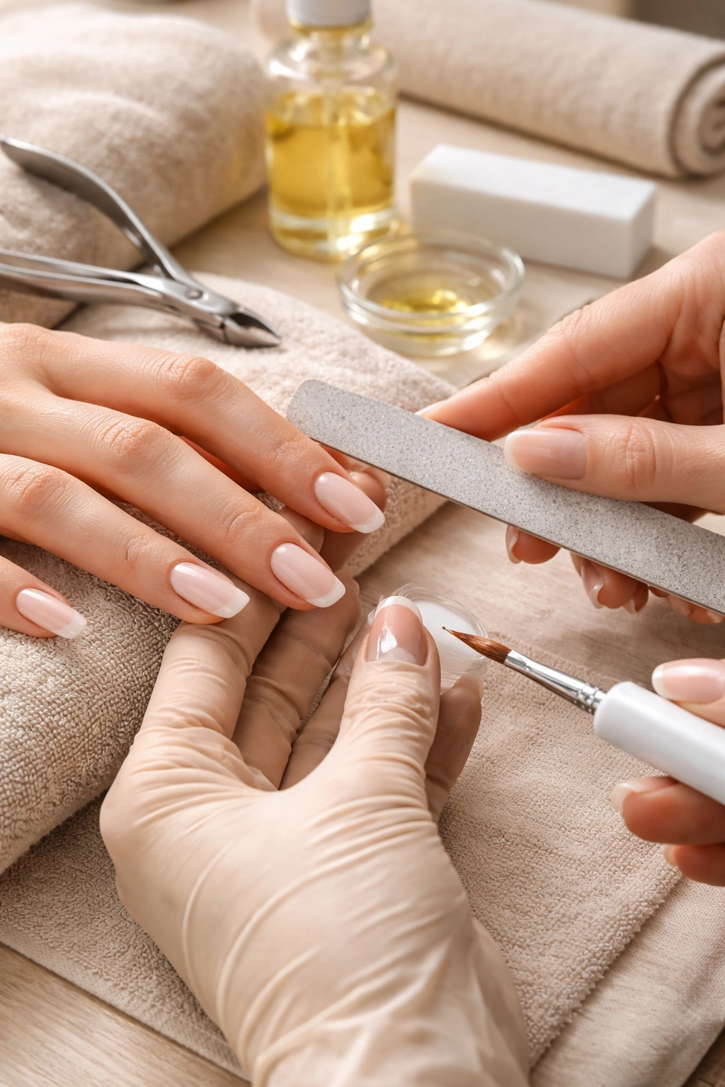 Close-up of nail prep steps including filing and cuticle care