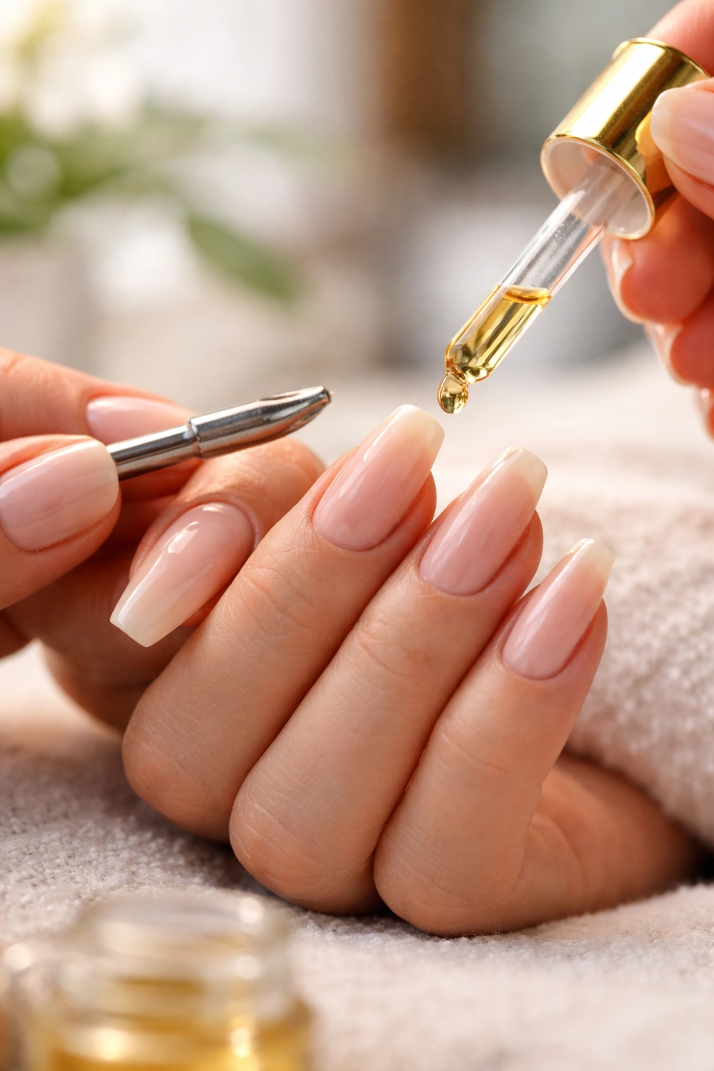 Close-up of hands during nail prep showing cuticle care and coffin nails.