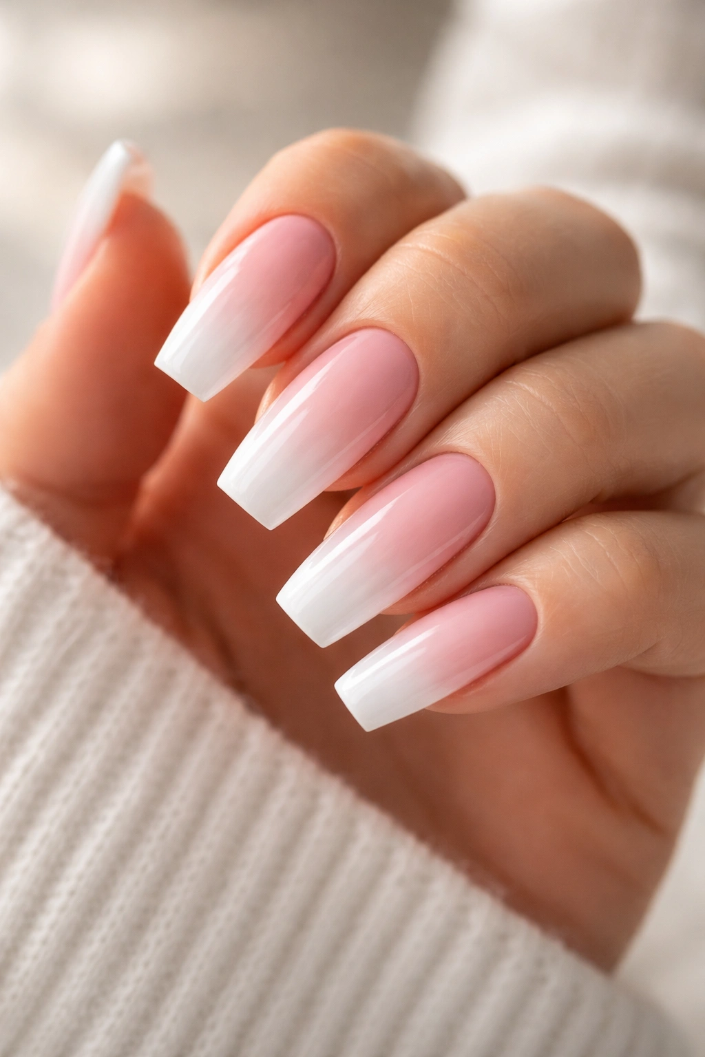 Close-up of nails showing prep-ready pink-white ombre coffin nails