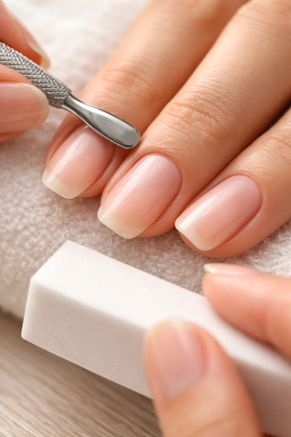 Hands during nail prep showing pushed-back cuticles and buffed nail surfaces