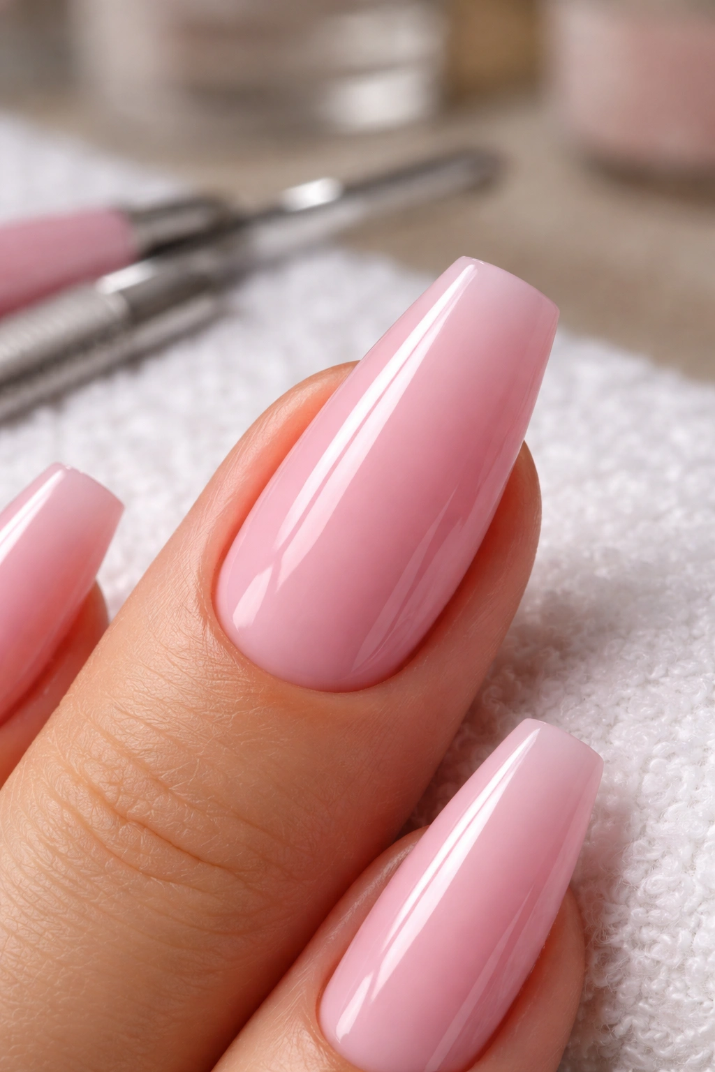 Macro view of a coffin nail showing a crisp cuticle line and smooth glossy finish