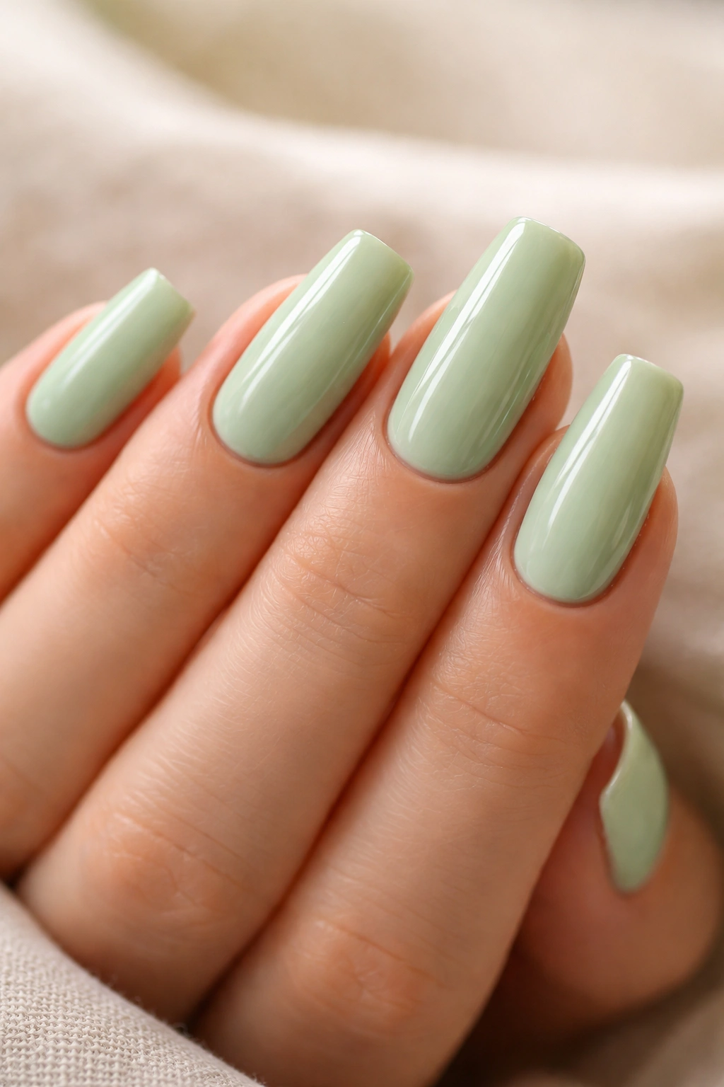 Close-up of ridge-free coffin nails with smooth green polish