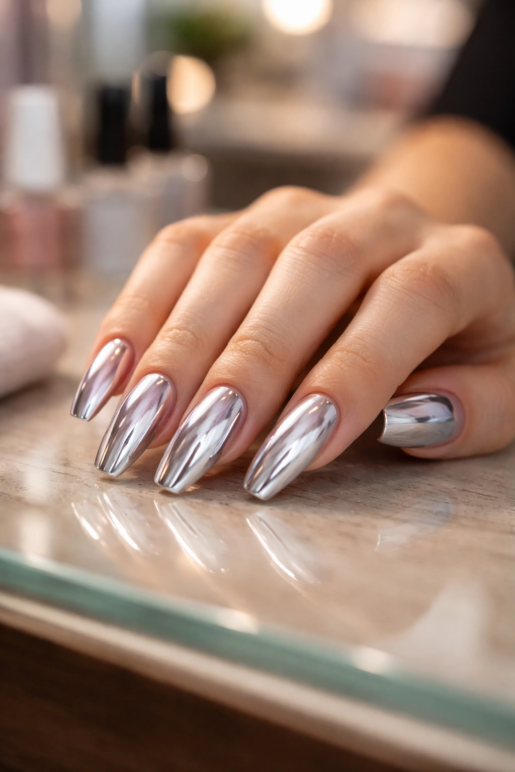 Close-up of chrome coffin nails suggesting a salon consultation