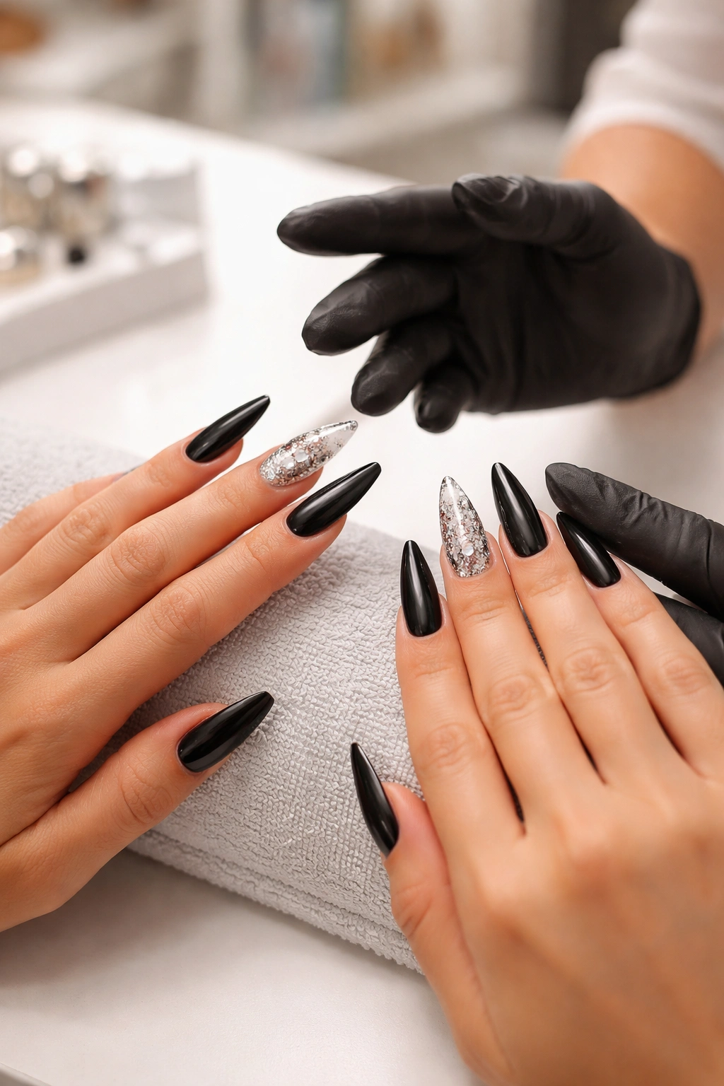Hands with coffin nails in a salon during a nail tech consultation