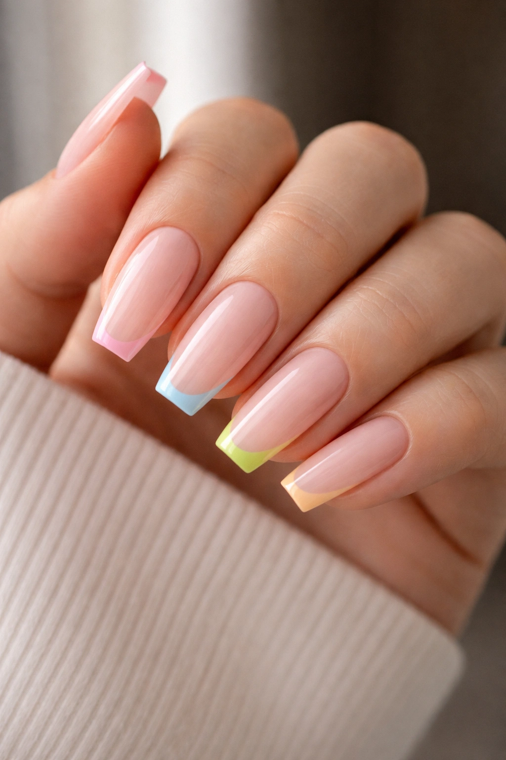Medium coffin nails with milky nude base and micro French tips