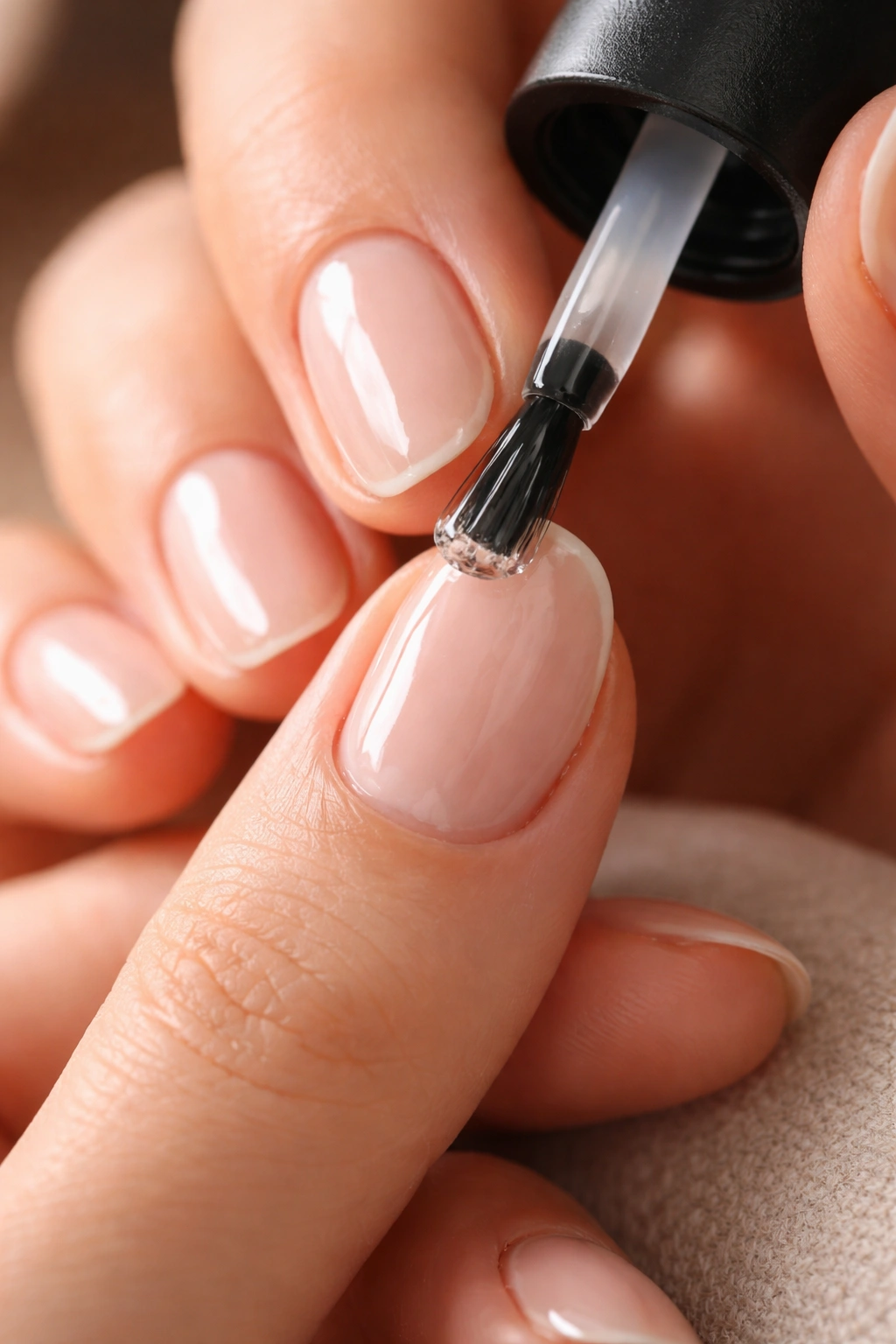 Close-up of hands applying clear top coat to short oval gel nails