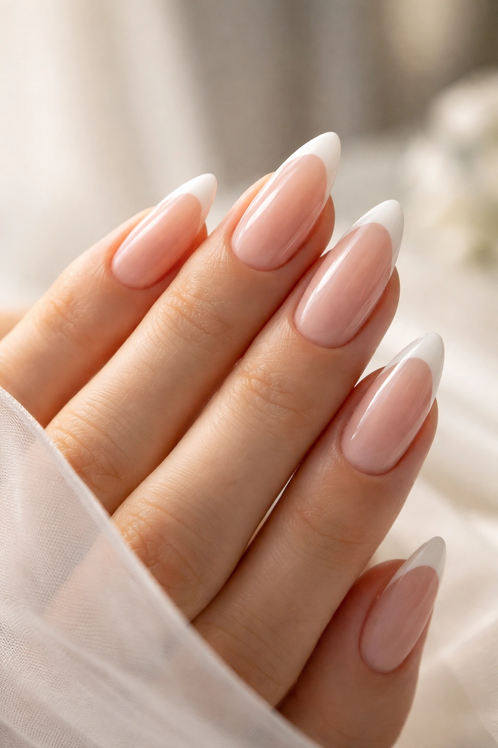 Close-up of almond nails with slim white French tip on nude base