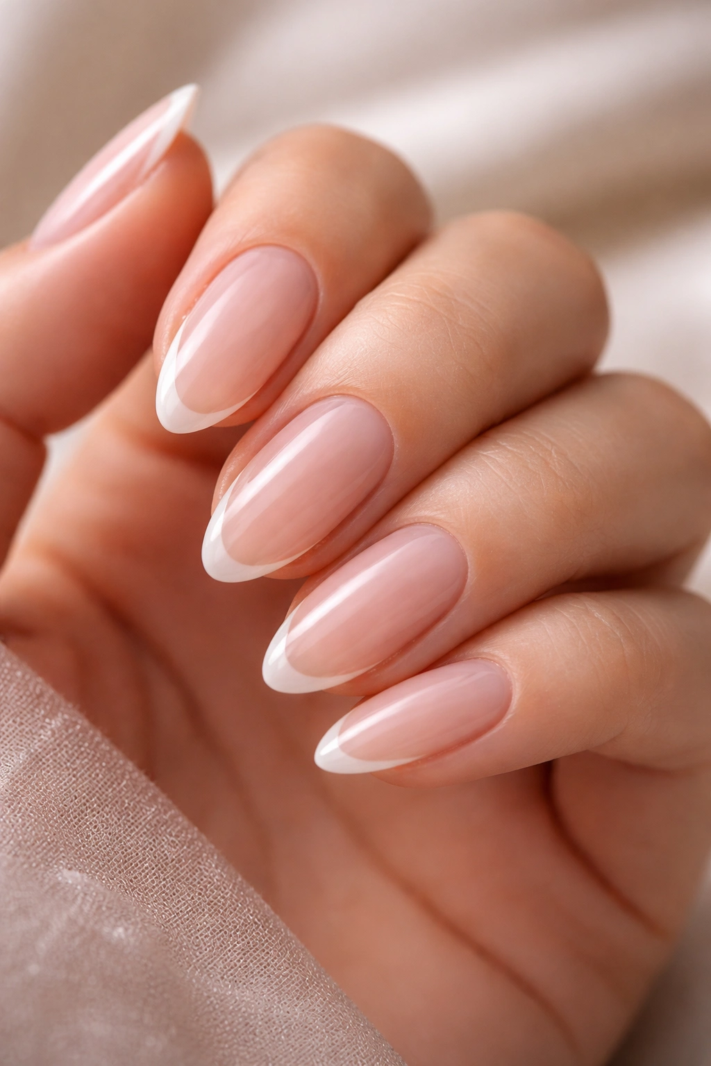 Close-up of micro-French almond nails with ultra-thin white tip